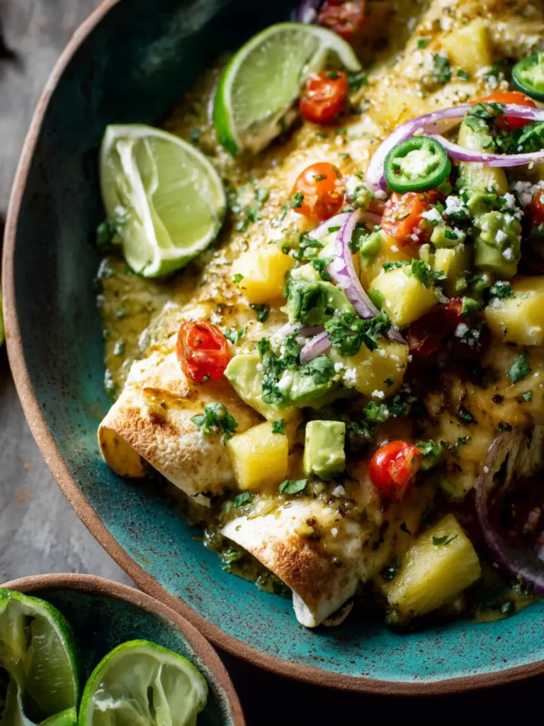 Lightened Up Salsa Verde Chicken Enchiladas with Pineapple Avocado Salsa + Video First Image